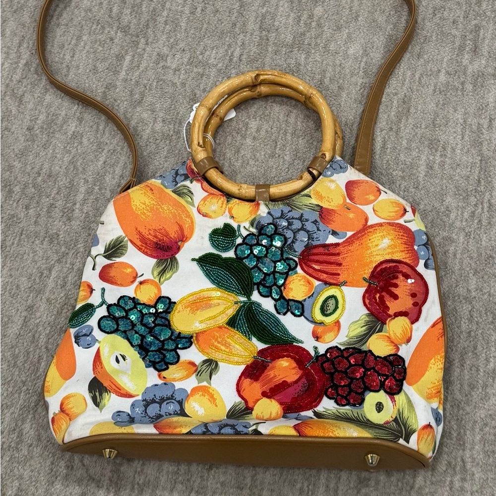 Floral Print Women's Bag with Bamboo Handle